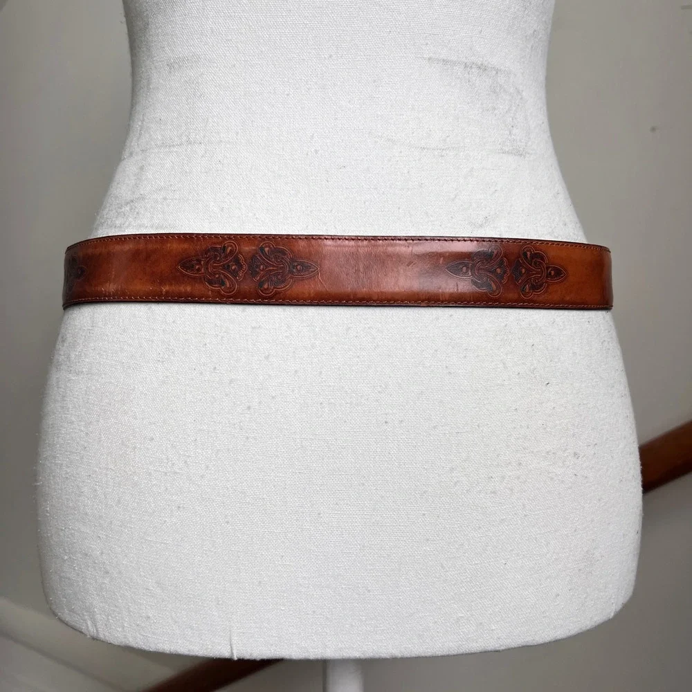 Vintage Ermenegildo Zegna Tooled Leather Belt Brown Womens Gold Buckle Cognac